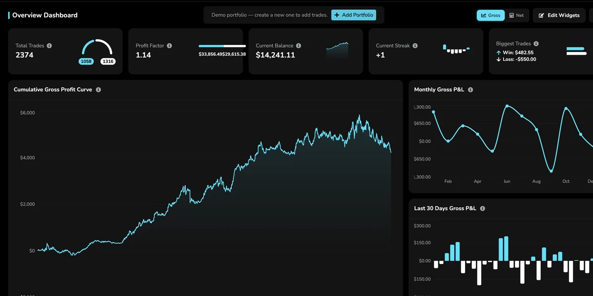 TradeVipe's Overview dashboard with the demo portfolio: total trades, profit factor, current balance, streak, biggest trades, a cumulative profit curve and monthly P&L